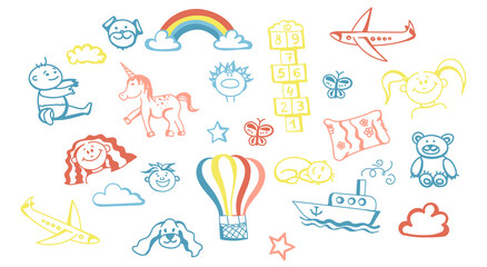 A set of children's doodles, hand-drawn in soft pastel colors. Elements for the design. Children, Toddlers, Newborns, Rainbow, Balloon, Unicorn, Plane, Ship, Star, Clouds