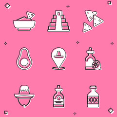 Set Nachos in bowl, Chichen Itza Mayan, Avocado fruit, Mexican sombrero, Tequila bottle with lemon, and icon. Vector