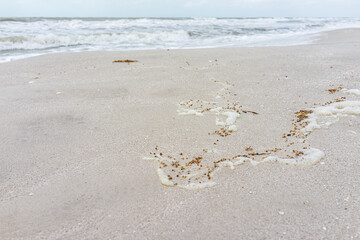 Wide low ground level angle view at Vanderbilt beach in Naples, Florida city by sand, sea storm waves with dramatic ocean gulf of Mexico landscape, foam and seaweed