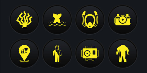 Set Flippers for swimming, Photo camera diver, Wetsuit scuba diving, Diving mask with snorkel, Whale tail, and Coral icon. Vector