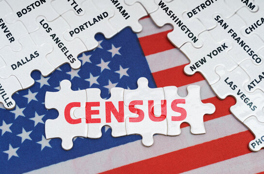 The USA flag has city name puzzles and puzzles with the inscription - CENSUS