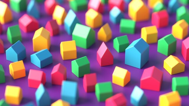 Many colorful miniature toy houses background with shallow depth of field. 3d rendering