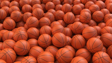 Basketball balls background. Many orange basketball balls with realistic dimple texture lying in a pile. 3d rendering