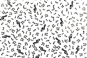 A pattern with black music notes and signs on the white background