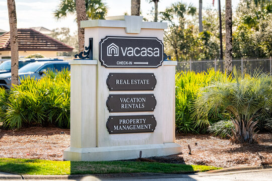 Alys Beach, USA - January 15, 2021: Business sign for Vacasa office for real estate vacation rentals, property management at coastal beach community on Florida Panhandle Emerald coast