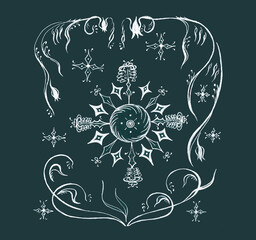 Pattern of unusual shaped stars with carved rays and long smoothly curving leaves. White creative handmade graphics on a black background. Christmas print for a festive mood.