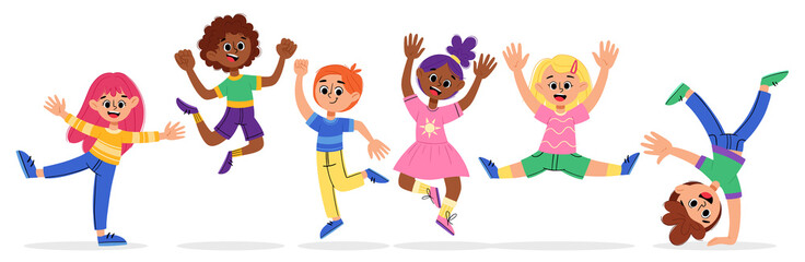 Cartoon kids boy and girls are jumping and playing. Vector set of happy children in flat style.