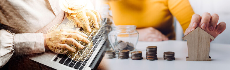 stacking dollars coins with a house model.save and investment for buy house concept . pastel tone.