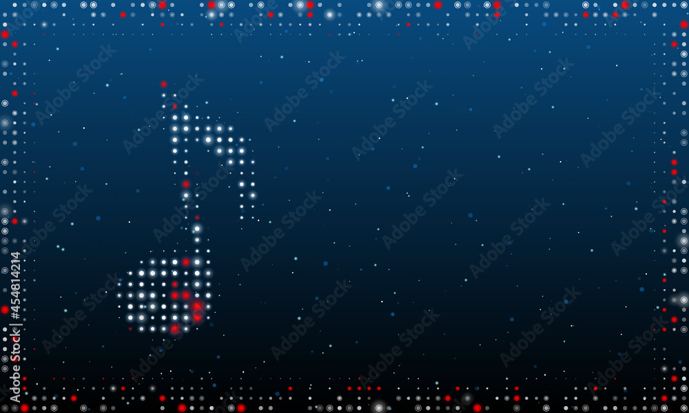 Poster on the left is the musical note symbol filled with white dots. pointillism style. abstract futuristi