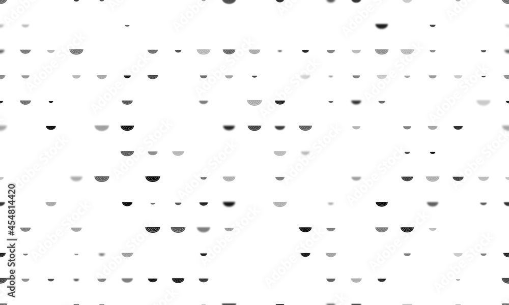 Poster seamless background pattern of evenly spaced black watermelon piece symbols of different sizes and o