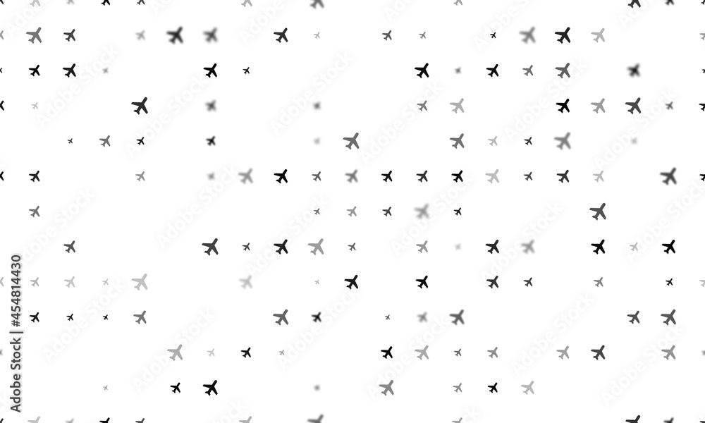Poster seamless background pattern of evenly spaced black plane symbols of different sizes and opacity. vec