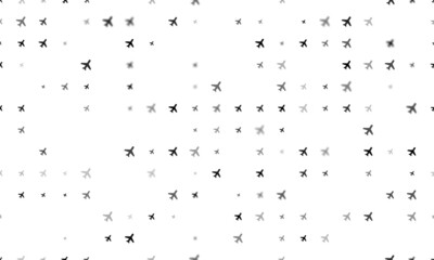 Seamless background pattern of evenly spaced black plane symbols of different sizes and opacity. Vector illustration on white background