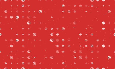 Seamless background pattern of evenly spaced white beach ball symbols of different sizes and opacity. Vector illustration on red background with stars