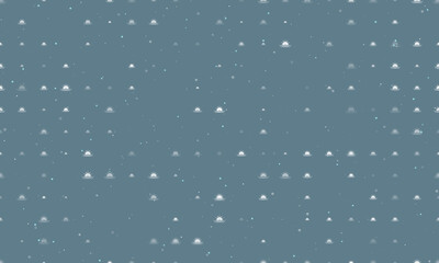 Seamless background pattern of evenly spaced white sunrise at sea symbols of different sizes and opacity. Vector illustration on blue grey background with stars