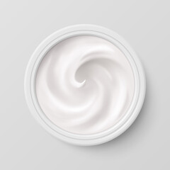 White Cosmetics Cream in Package Container Top View on Gray Background. Cosmetic Product for Care to Skin Face. Applicable for Dairy or Cosmetic Products Ads or Packaging Design