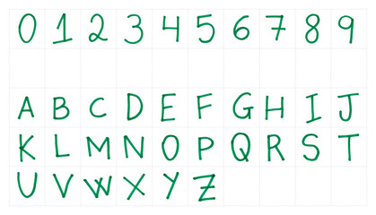 Handmade lettering alphabet, ABC, handwritten with marker, pen texture. Design layout, light font, type, typography, character, letter, brush, white background. Isolated on white background.