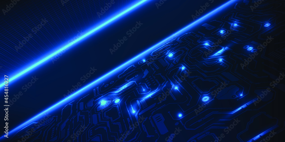 Poster digital cyber vision perspective layout with hi tech circuit pattern and glowing horizontal line.fut