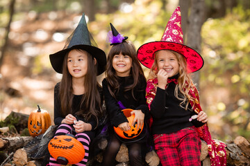 three little girls in witch costumes laugh, conjure, walk through the autumn forest with baskets...