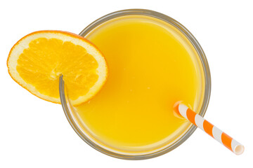 Orange juice fresh drink in a glass isolated on white from above