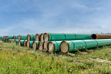 Pipe lengths for a crude oil pipeline in a storage yard in Alberta - obrazy, fototapety, plakaty
