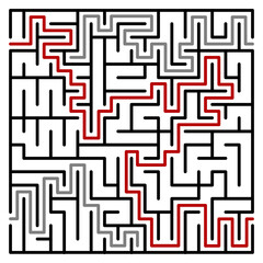 Abstract maze. Find right way. Isolated simple square maze black line on white background. Vector illustration.