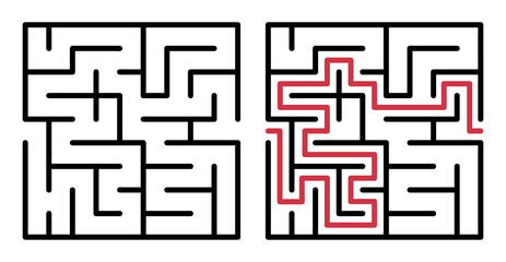 Abstract maze. Find right way. Isolated simple square maze black line on white background. Vector illustration.