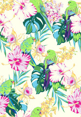 Fototapeta premium Summer tropical flowers digital pattern. Parrots, pink hibiscus, yellow orchids, tropical leaves on black background. Floral pattern for textile or wallpaper. 