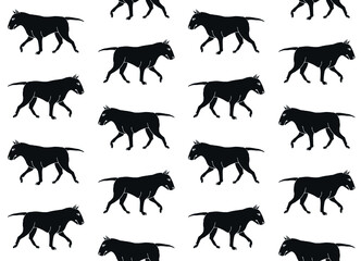 Vector seamless pattern of hand drawn doodle sketch black bull terrier dog isolated on white background