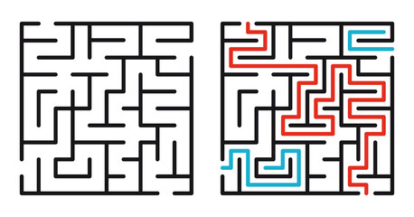 Abstract maze. Find right way. Isolated simple square maze black line on white background. Vector illustration.