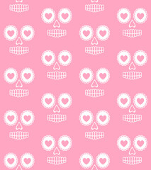 Vector seamless pattern of flat Mexican sugar skull face isolated on pink background