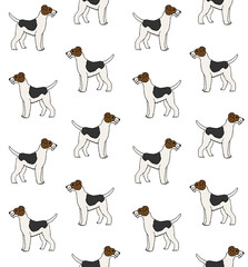 Vector seamless pattern of hand drawn doodle sketch colored fox terrier dog isolated on white background - obrazy, fototapety, plakaty