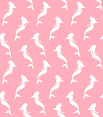 Vector seamless pattern of flat mermaid silhouette isolated on pink background