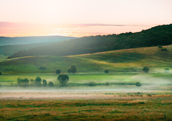 Fototapeta na wymiar Foggy landscape in the morning in the countryside