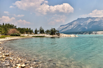 Landscapes along the shores of Abraham Lake and the South Saskatchewan River in the Canadian Rocky Mountains