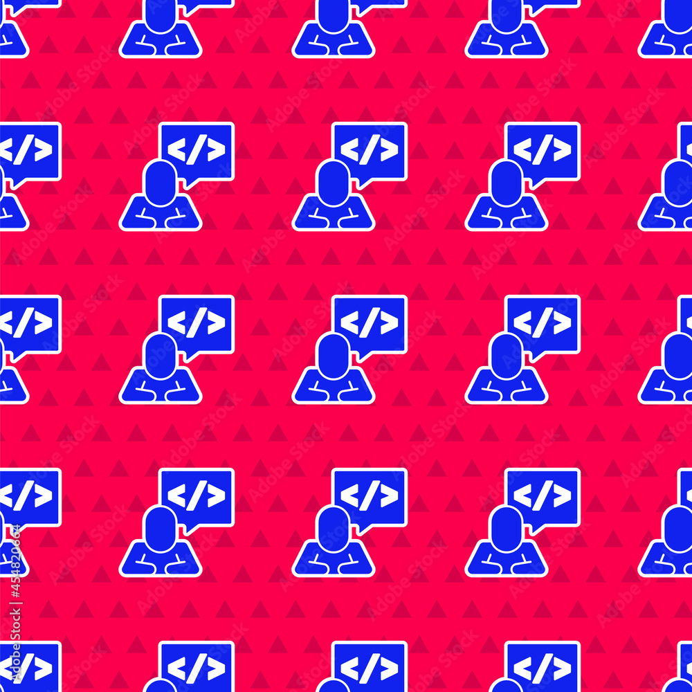 Poster blue web design and front end development icon isolated seamless pattern on red background. vector