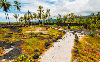 Female Hiker on The Ancient Pathway Through The Royal Grounds Near The Sacred Temple, Hale o Keawe...