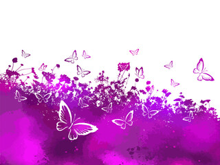 Obraz na płótnie Canvas Floral background with butterflies. Pink-purple Herbal summer background with flowers. Vector illustration