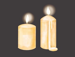 Watercolor candle, isolated illustration, burn, grey background 