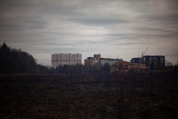 The cityscape on a cloudy day.