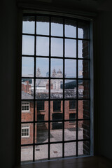 A view from a window over a waterfront, Liverpool, England, United Kingdom.