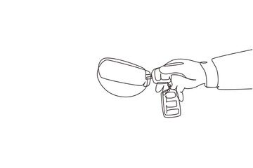 Single continuous line drawing woman with car key. Hand holding car key and alarm system. Female hand holding car key with alarm keychain. Dynamic one line draw graphic design vector illustration