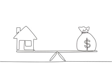 Single continuous line drawing money and home, loan, mortgage. Change home into cash concept. US Dollar in sack bag. Balance home and debt on scales. One line draw graphic design vector illustration