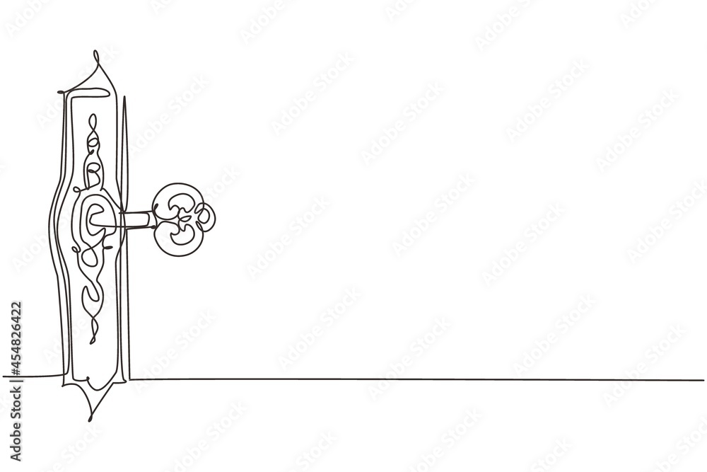 Poster continuous one line drawing old key in keyhole. gothic style. key to knowledge. concept and idea for