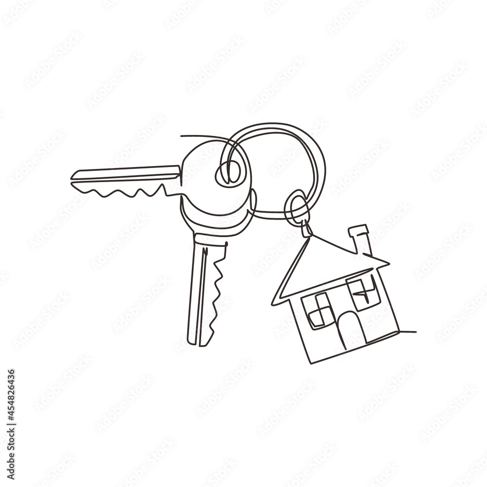 Poster single continuous line drawing keychain with key ring, two keys and a pendant house locket. key chai