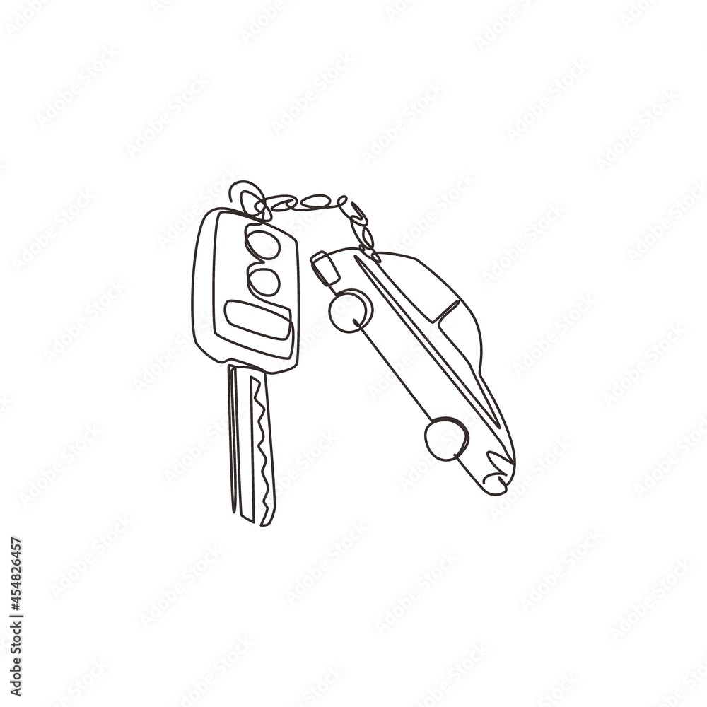 Poster single one line drawing key car and key ring over the metallic table. clipping path included. electr