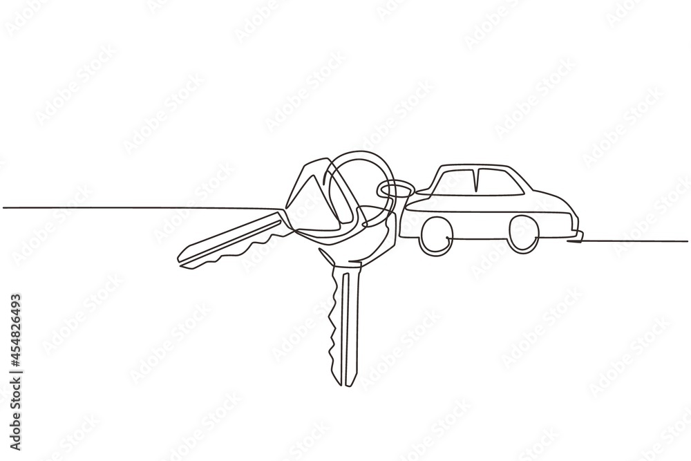 Poster single one line drawing keys with car shaped key holders. keychain with key ring, two keys and penda