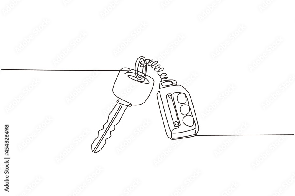 Poster continuous one line drawing realistic car keys black color isolated on white background. set of elec