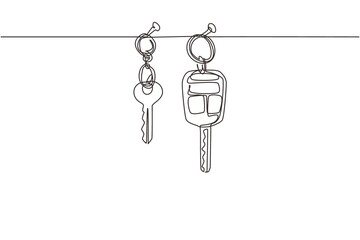 Single continuous line drawing car and house keys hanging on wall. Security key property. Real Estate concept, template for sales, rental, advertising. Dynamic one line draw graphic design vector
