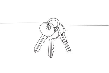 Single continuous line drawing three keys from apartment. House apartment rental for sale. The concept of privacy, security and protection. Dynamic one line draw graphic design vector illustration