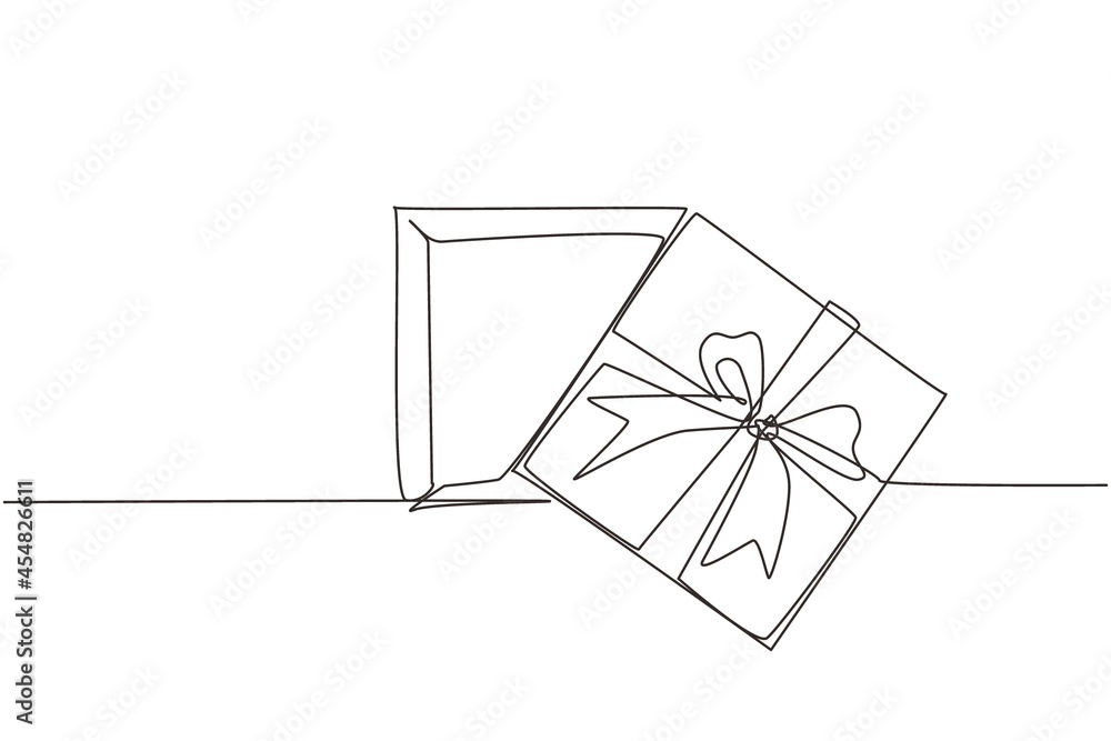 Poster single continuous line drawing top view open gift box and confetti. enter to win prize. present pack